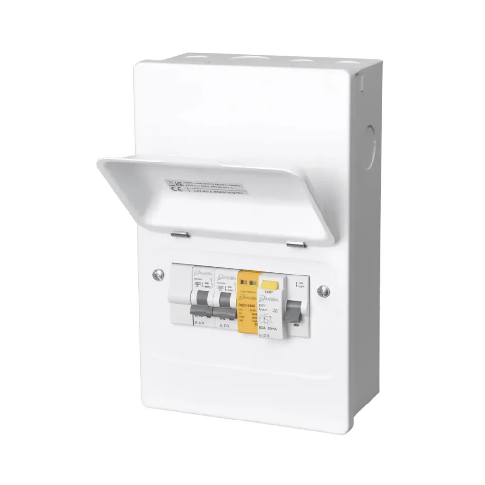 3 Ways Garage Unit with T2 SPD, 63A 30mA RCD, 6A & 32A MCBs + 1 Blank