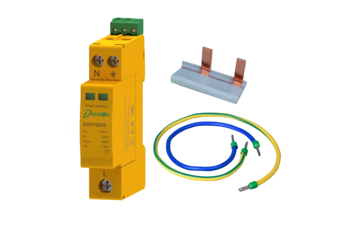 SURGE PROTECTION DEVICE KIT INCLUDE DSCY251N2R, TWO MODULE BUSBAR, 6 mm2 x 480 mm GREEN/YELLOW CABLE and 6 mm2 x 310 mm BLUE CABLE